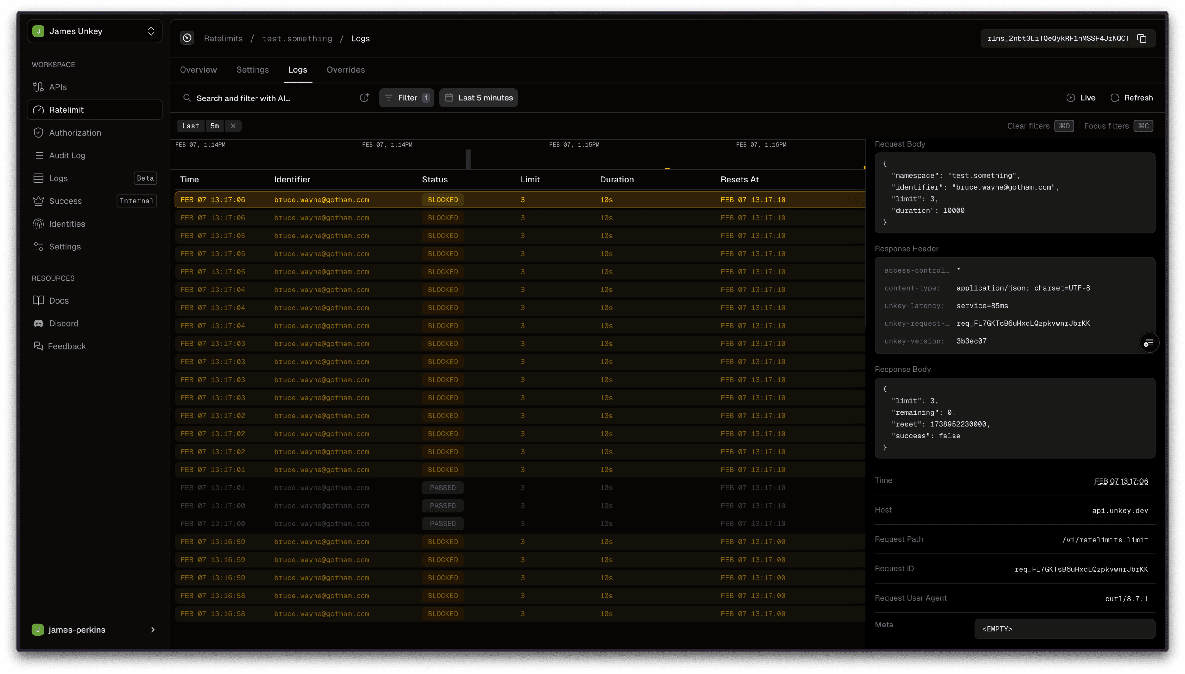 Rate limit logs example